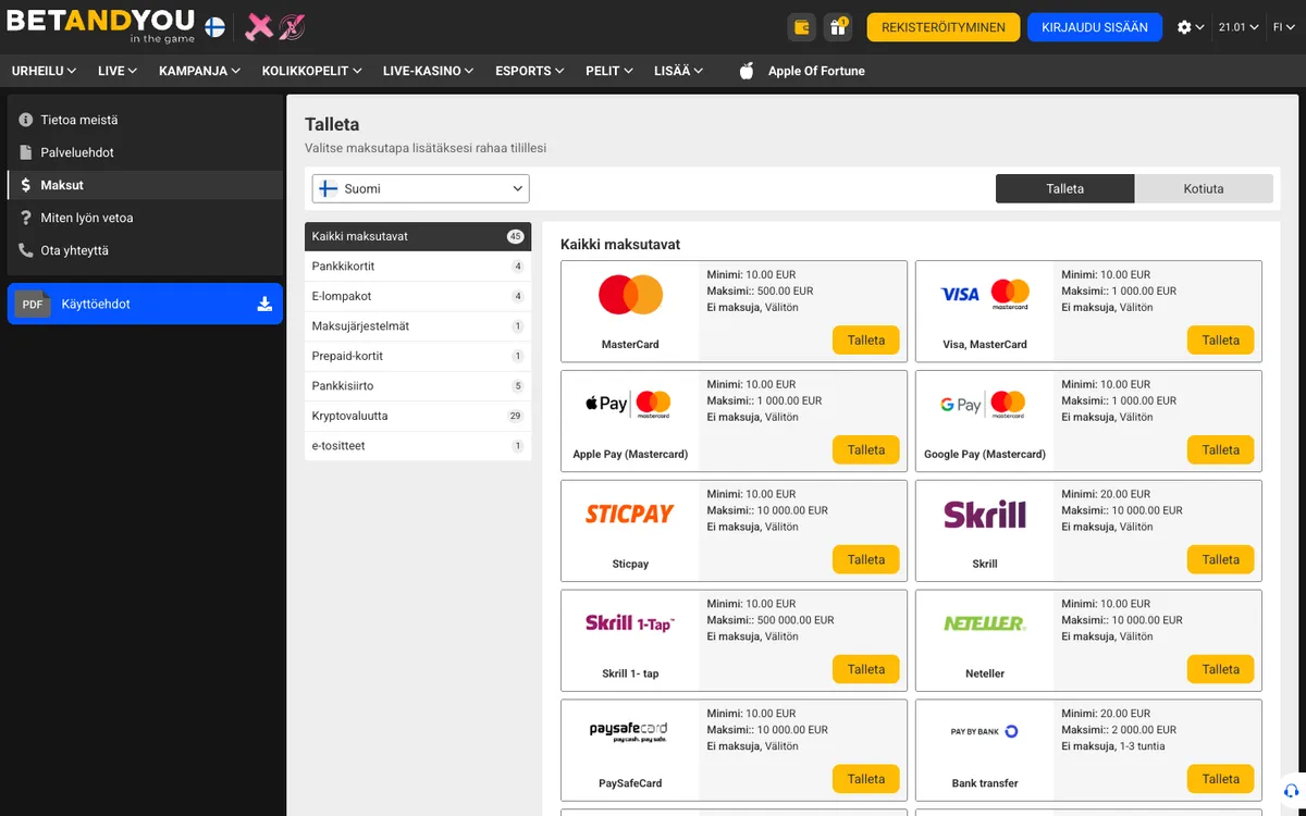 Betandyou Casino — Payments, captured from Finland