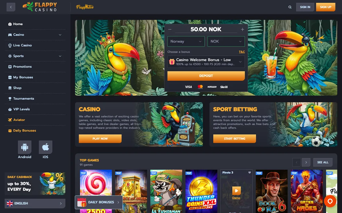 Flappy Casino — «Главная», снято из страны Норвегия
