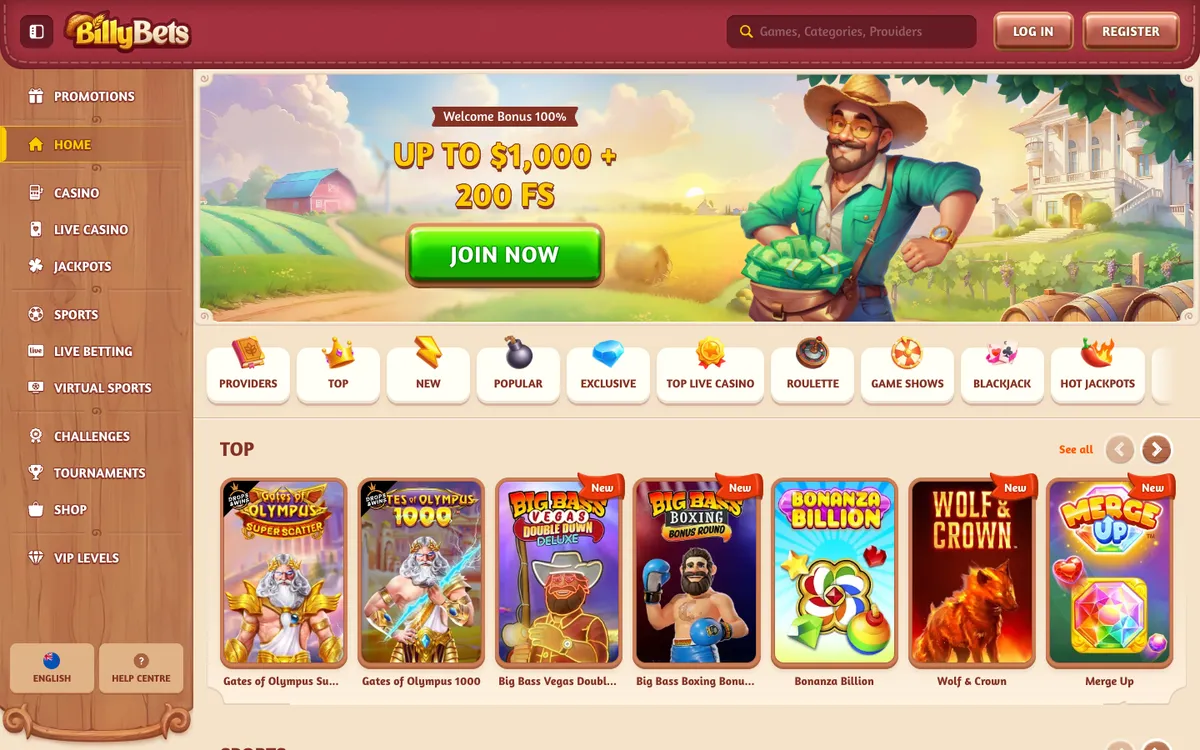 BillyBets Casino — Home page, captured from New Zealand