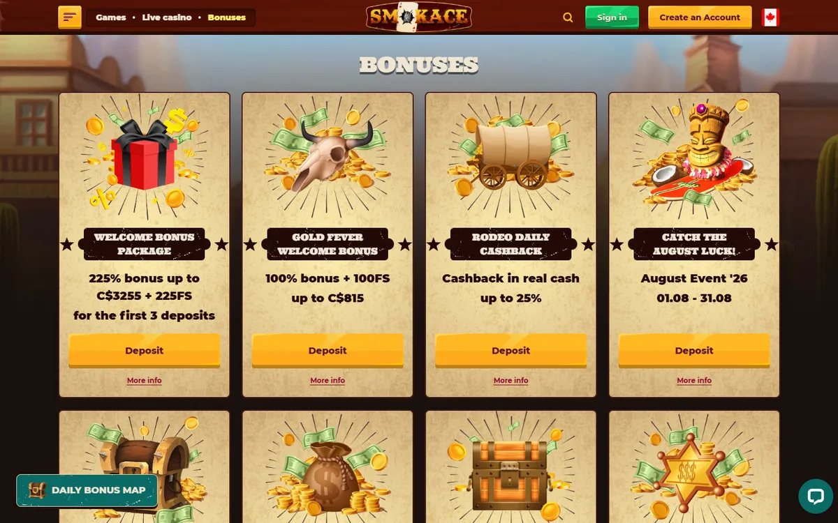 Smokace Casino — Promotions, captured from Canada
