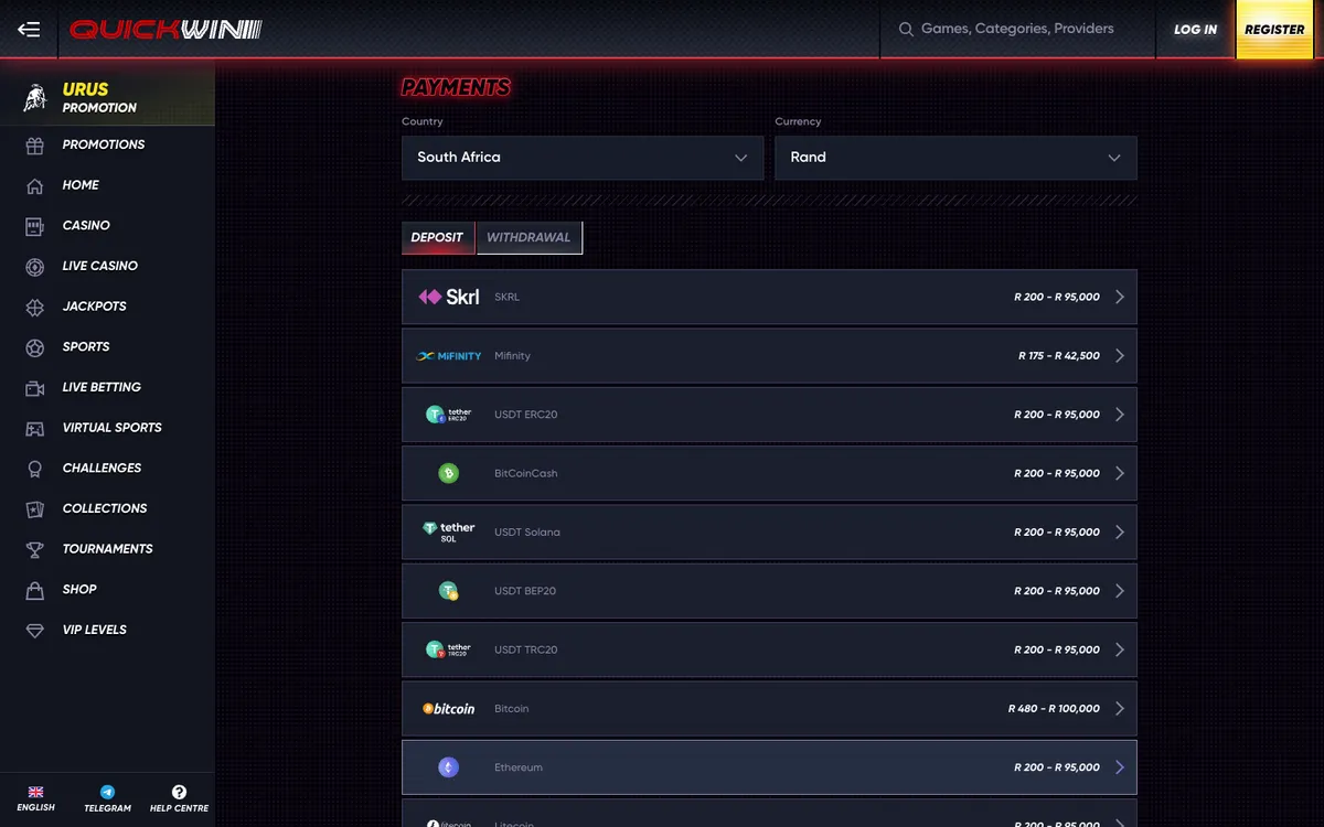 QuickWin Casino — Payments, captured from South Africa