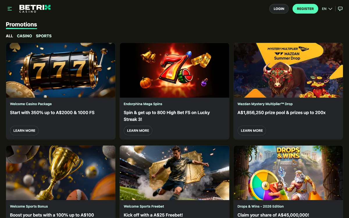 Betrix Casino — Promotions, captured from Australia