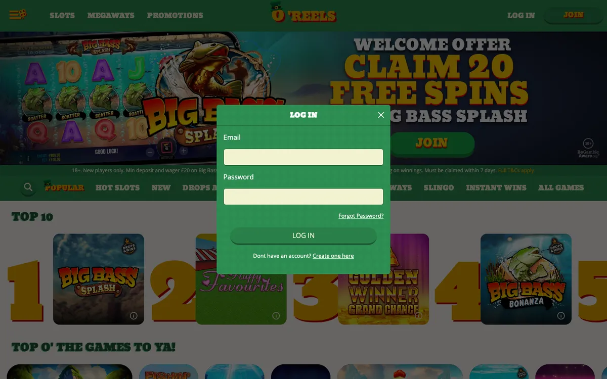 O'Reels Casino UK — Sign-up, captured from United Kingdom