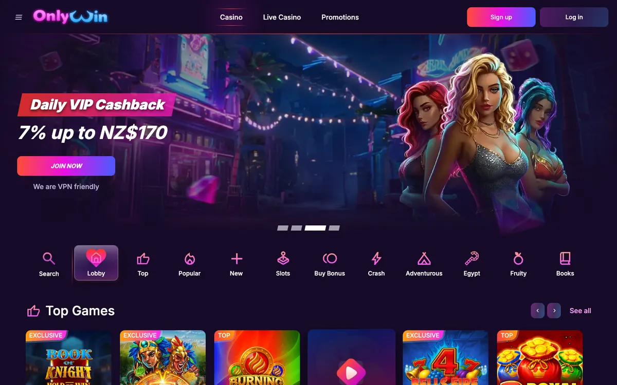 Only Win Casino — Home page, captured from New Zealand