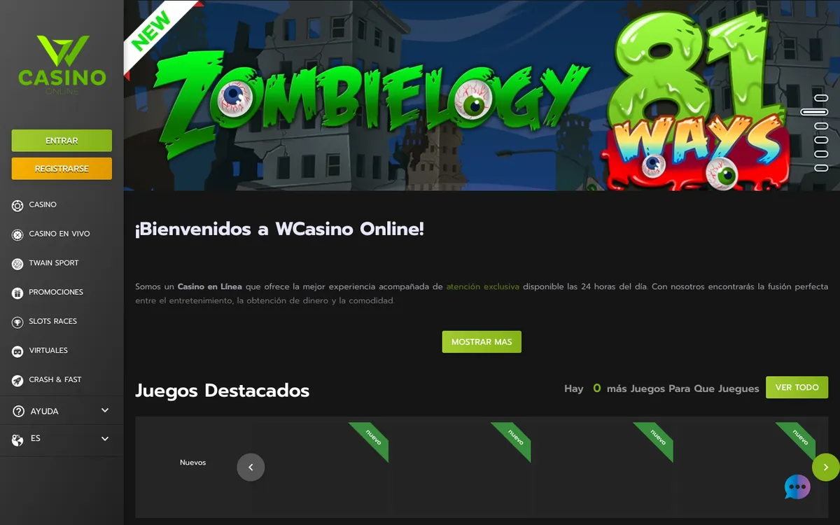 Wcasino Online — Home page, captured from Spain