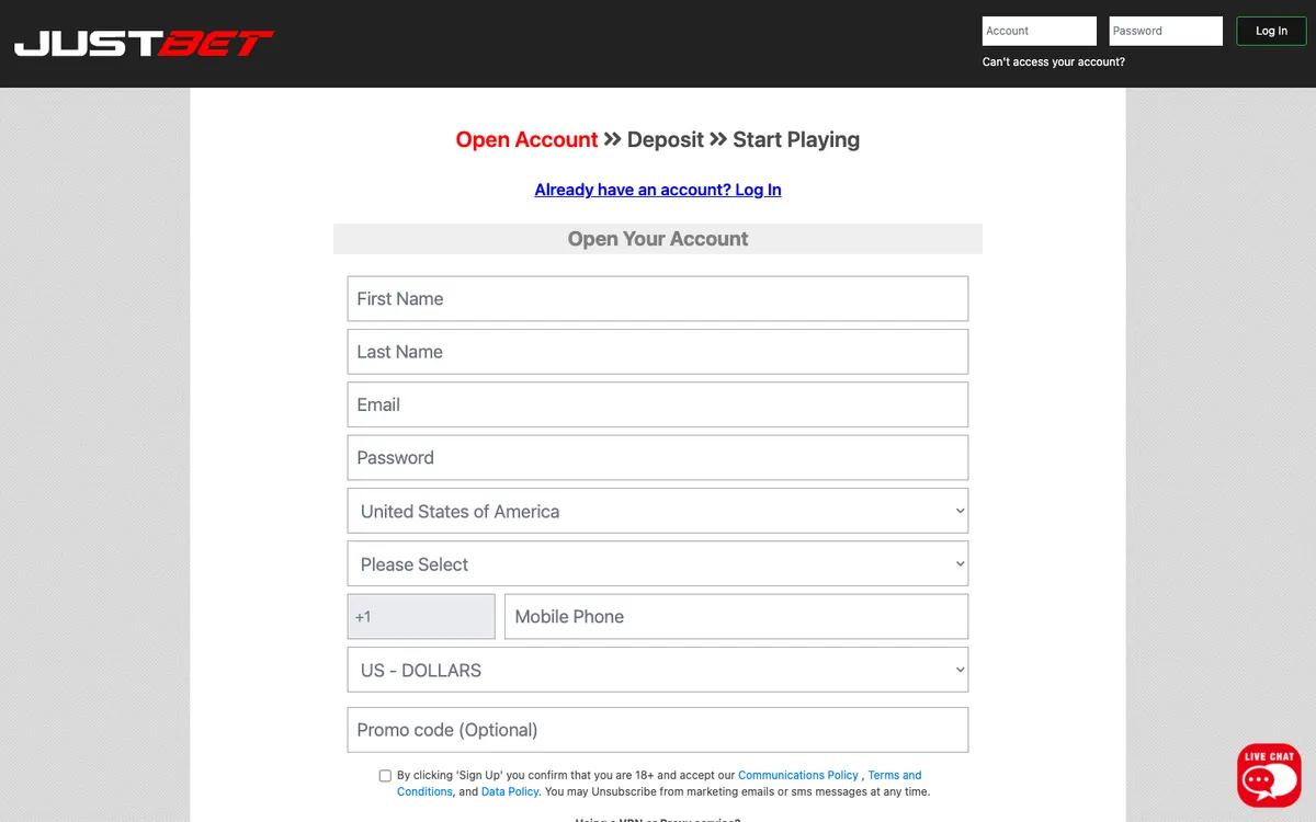 Justbet Casino — Sign-up, captured from United States