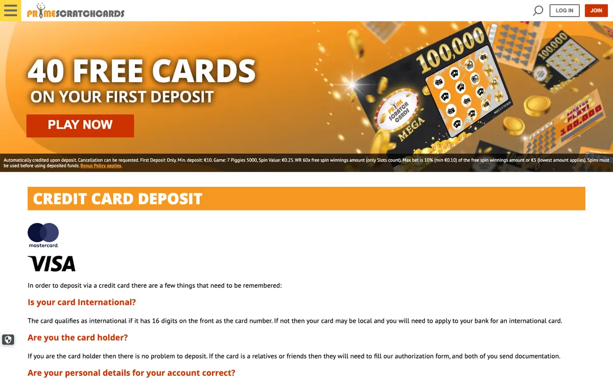 Prime Scratch Cards Casino — Payments, captured from Belgium
