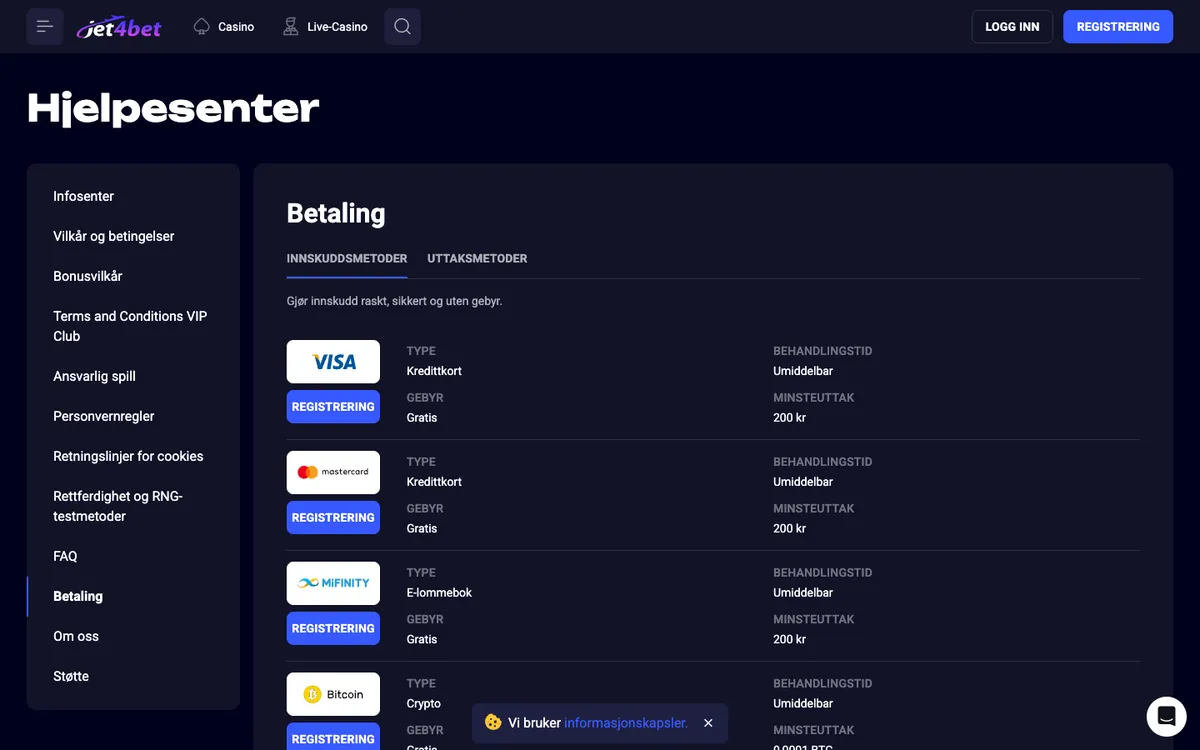 Jet4bet Casino — Payments, captured from Norway