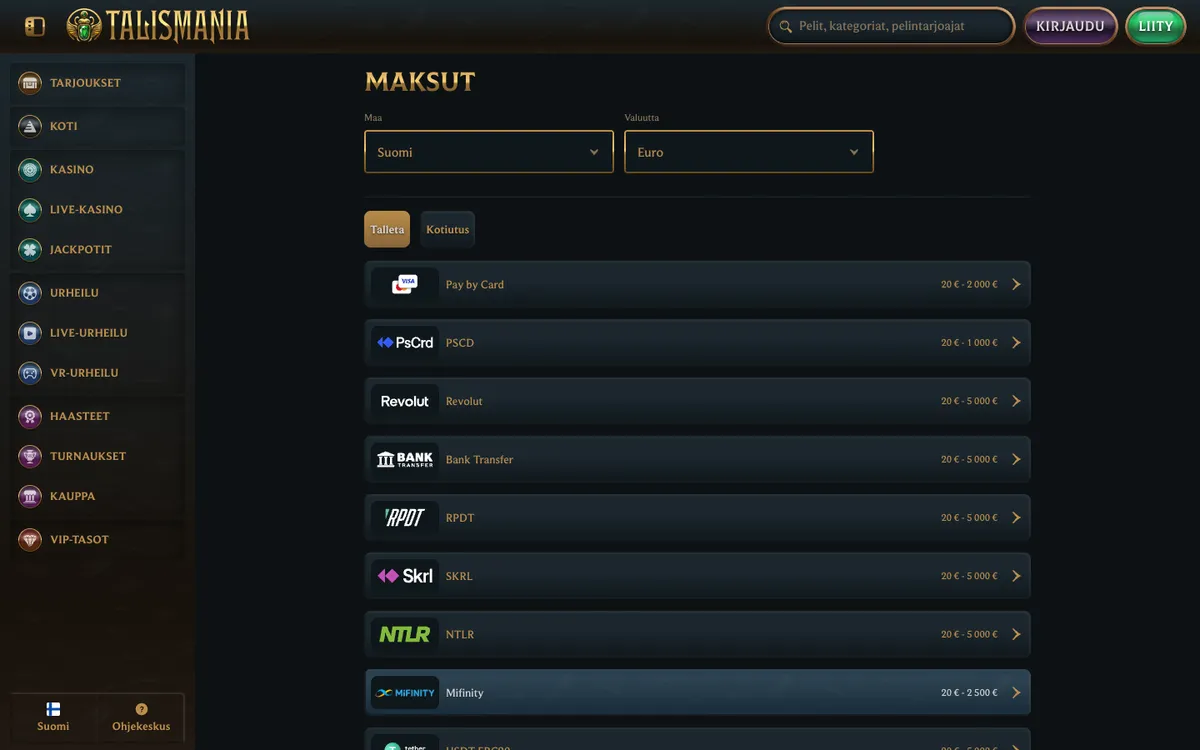 Talismania Casino — Payments, captured from Finland