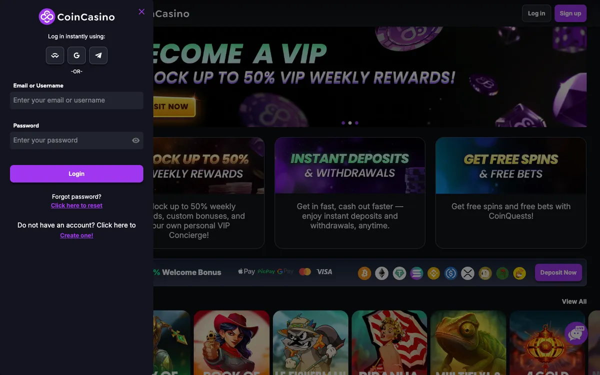 CoinCasino — «Регистрация», снято из страны Новая Зеландия
