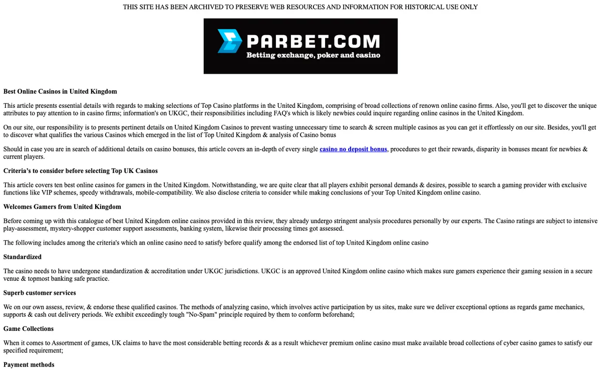 Parbet Casino — Home page, captured from United States