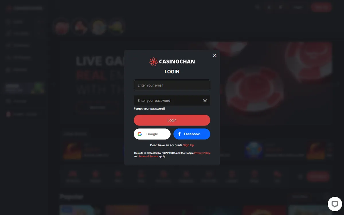 CasinoChan — «Регистрация», снято из страны Канада