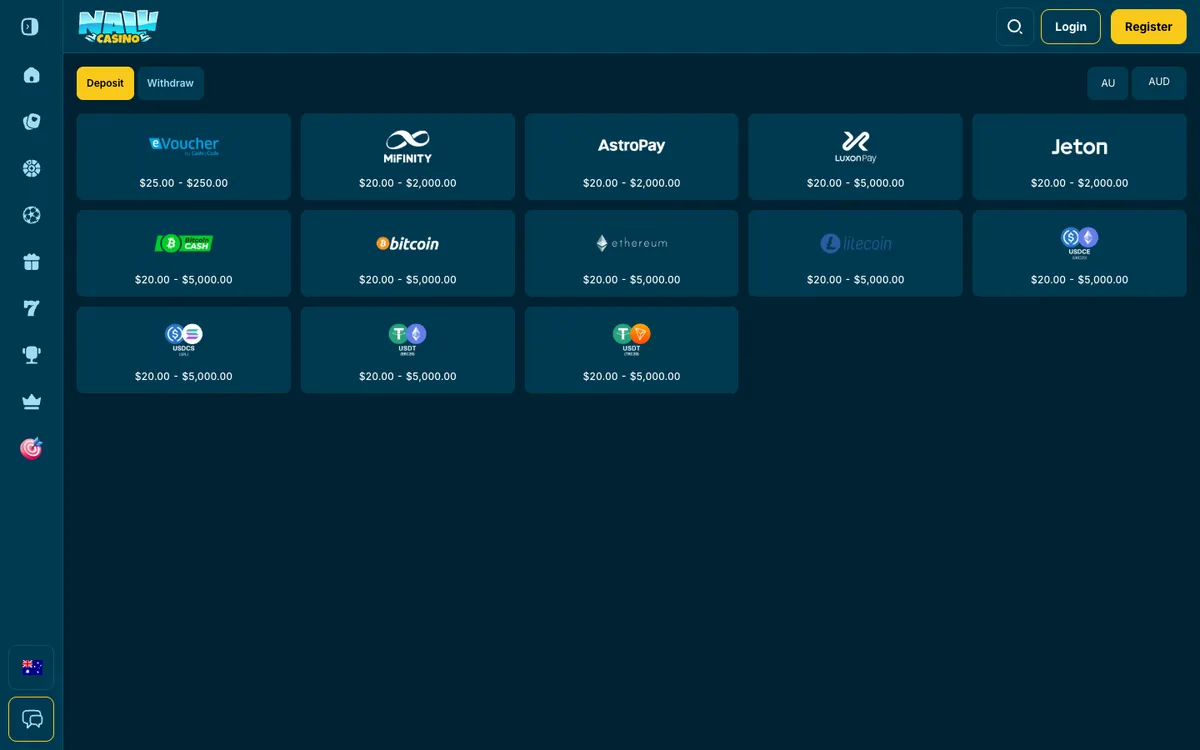 Nalu Casino — Payments, captured from Australia