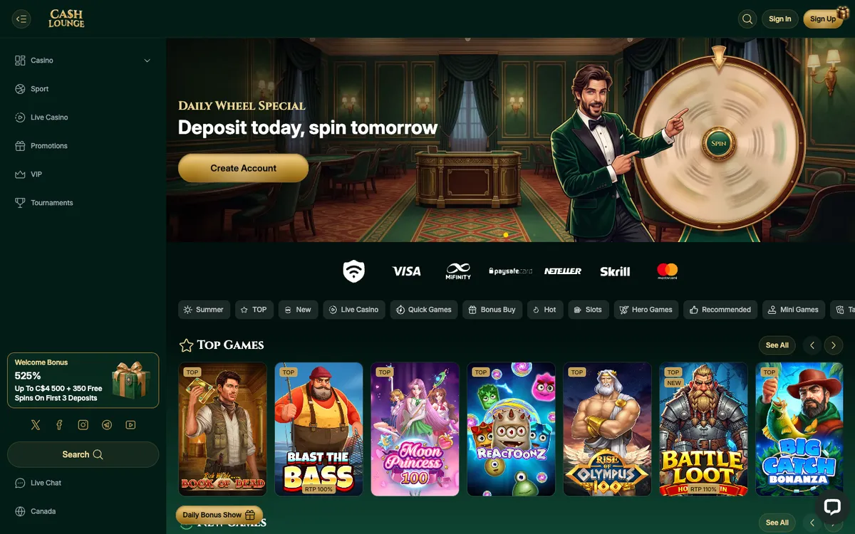 Cash Lounge Casino — Home page, captured from Canada