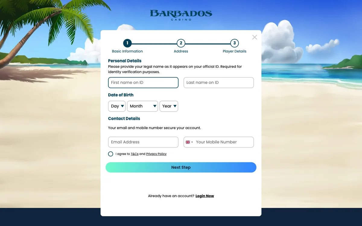 Barbados Casino — Sign-up, captured from Norway