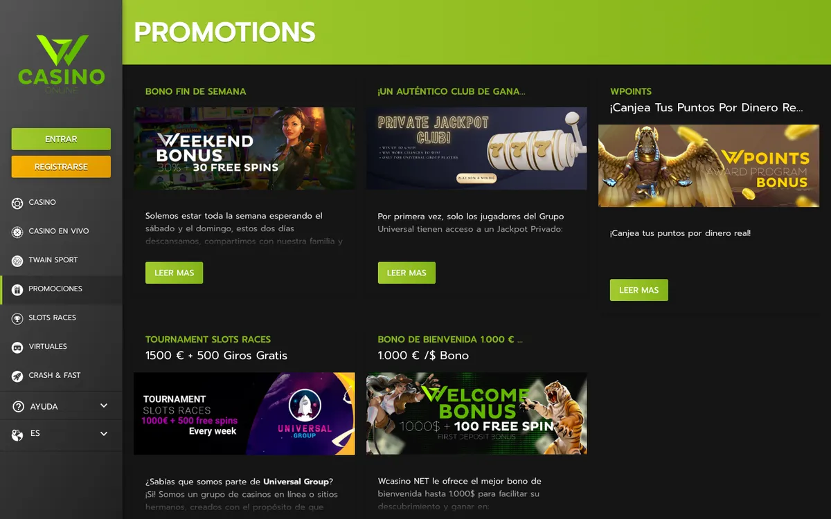 Wcasino Online — Promotions, captured from Spain