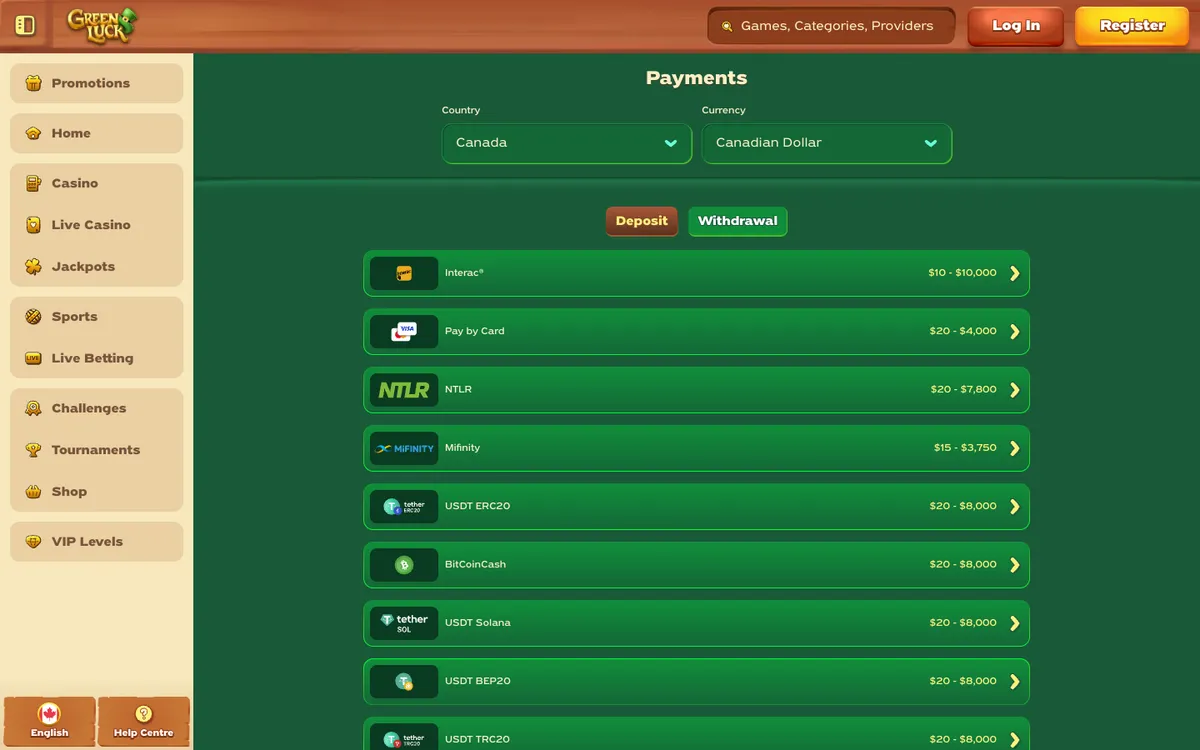 Greenluck Casino — «Платежи», снято из страны Канада