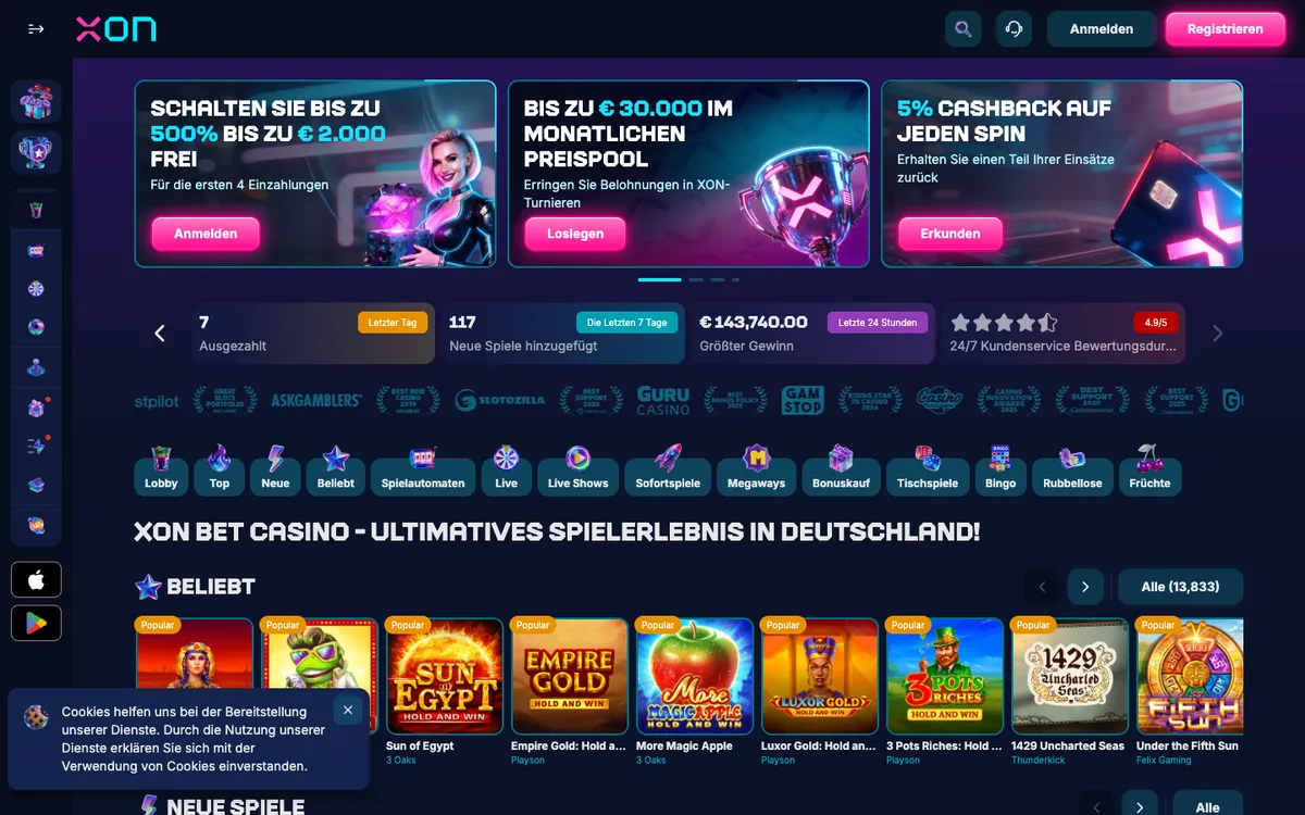 Xon Bet Casino — Home page, captured from Germany