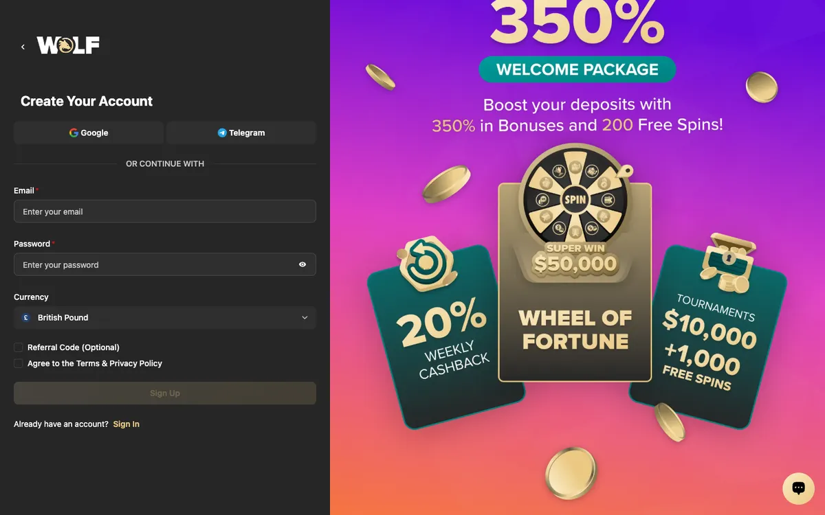 Wolf.io Casino — «Регистрация», снято из страны Великобритания