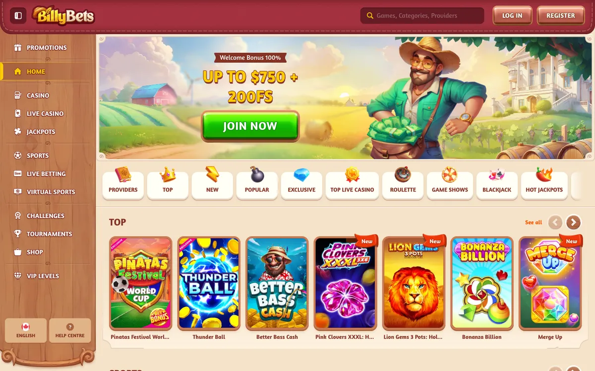 BillyBets Casino — Home page, captured from Canada