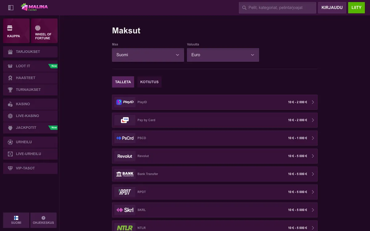 MalinaCasino — Payments, captured from Finland