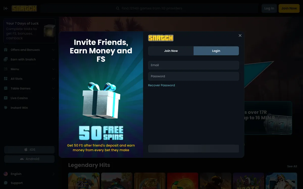 Snatch Casino — Sign-up, captured from South Africa