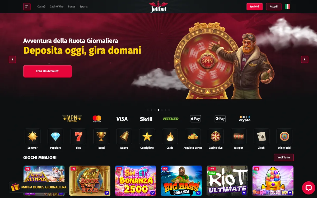 JettBet Casino — Home page, captured from Italy