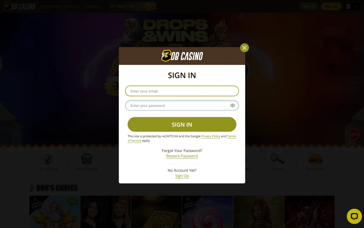 Bob Casino — Sign-up, captured from Canada