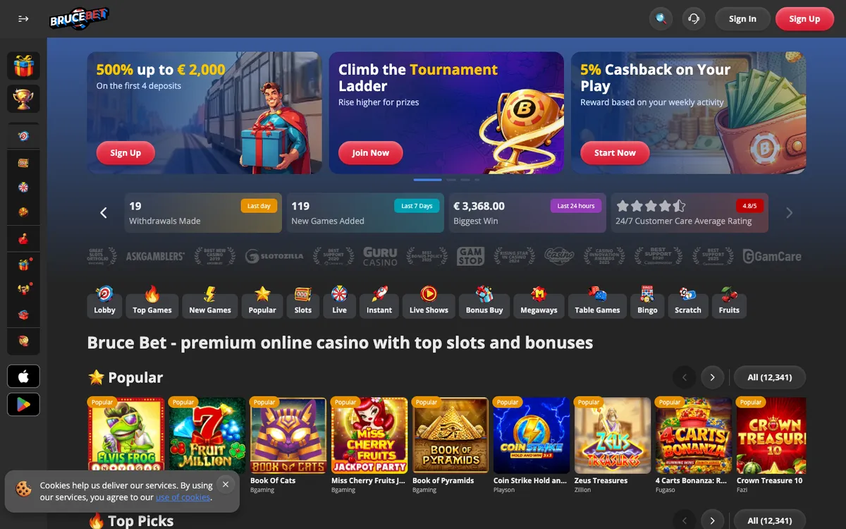 BruceBet Casino — Home page, captured from Belgium