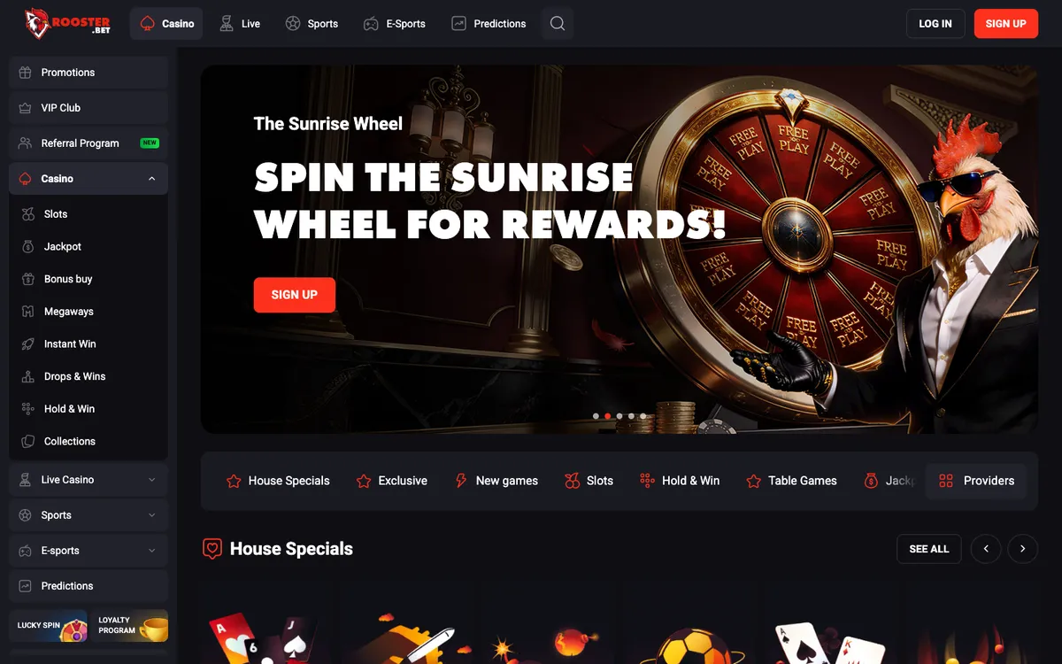 Rooster Bet Casino — Home page, captured from Canada