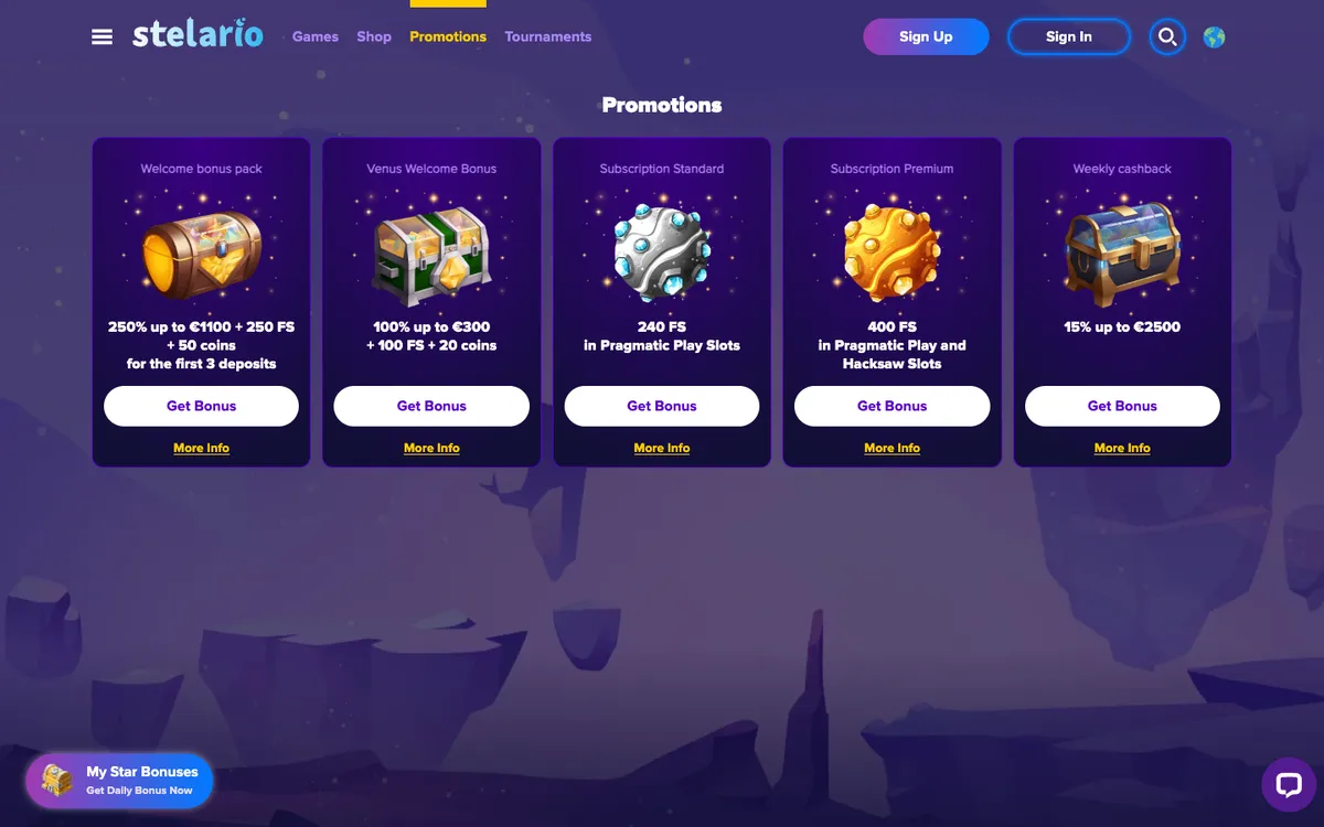 Stelario Casino — Promotions, captured from Belgium