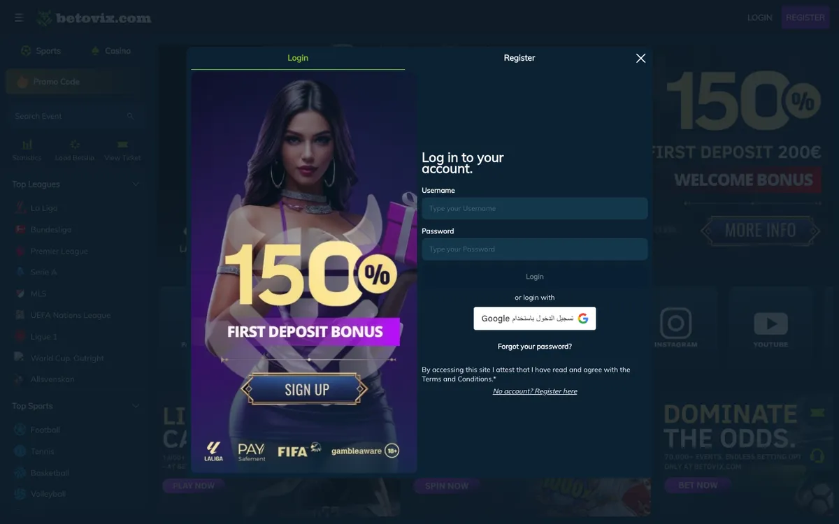 Betovix Casino — Sign-up, captured from United Arab Emirates