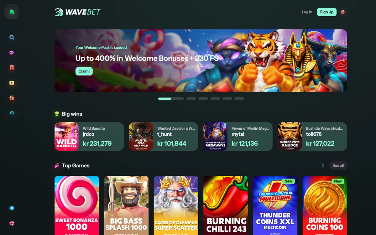WaveBet Casino — Home page, captured from Norway