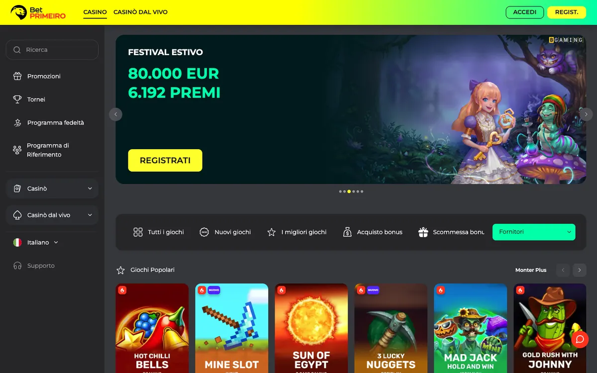 BetPRIMEIRO Casino — Home page, captured from Italy