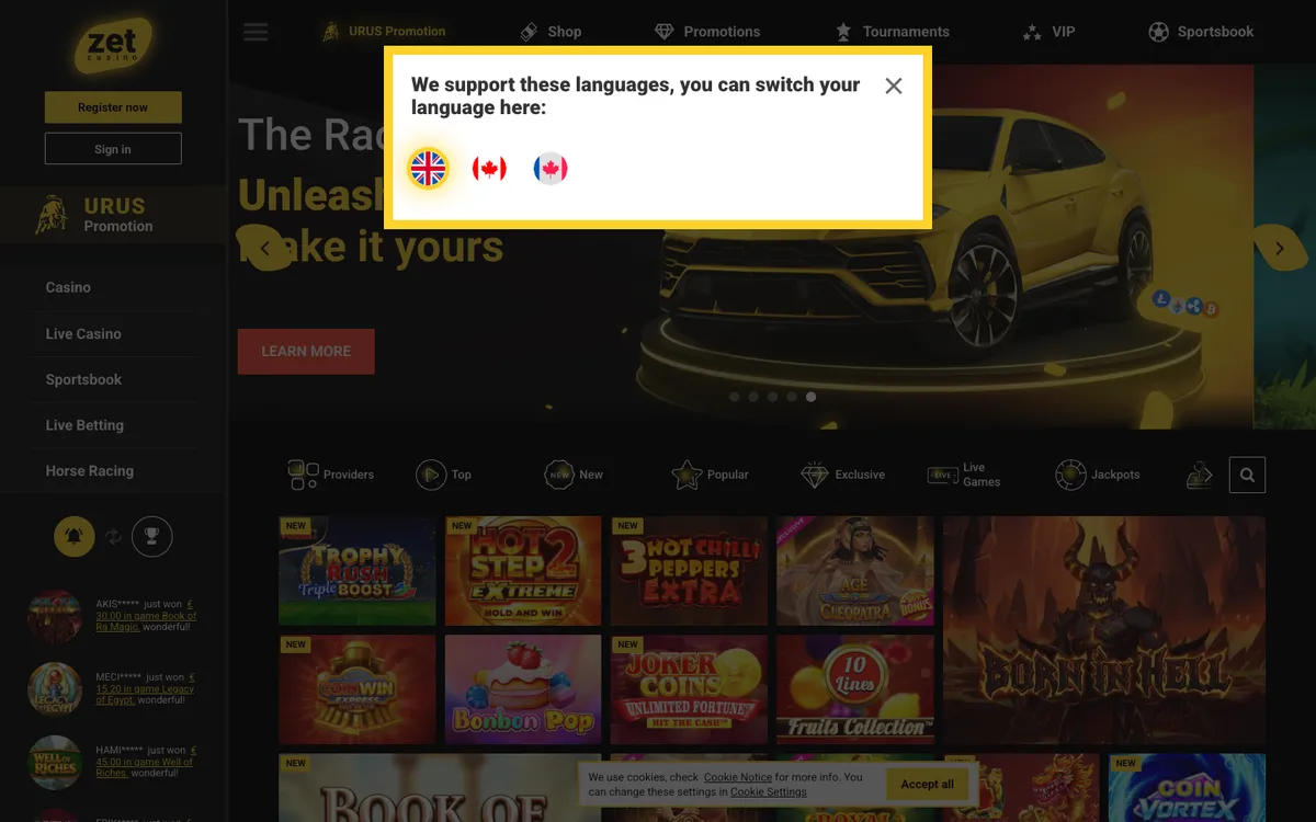 Zet Casino — Home page, captured from Canada