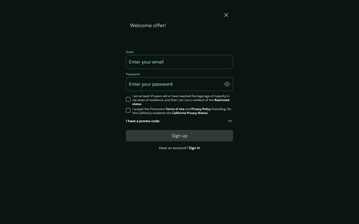 FireSevens Casino — Sign-up, captured from United States