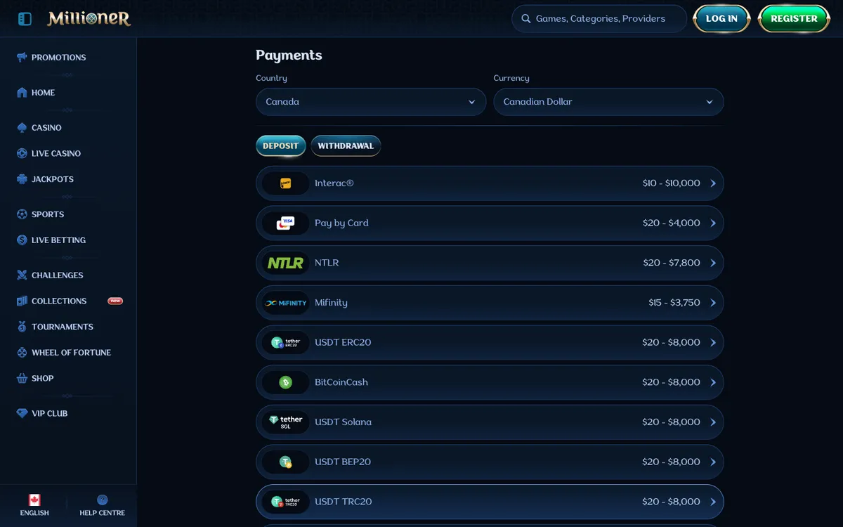 Millioner Casino — Payments, captured from Canada