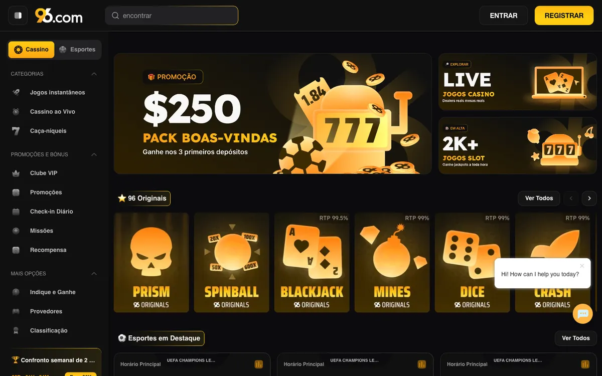 96 Casino — Home page, captured from Portugal