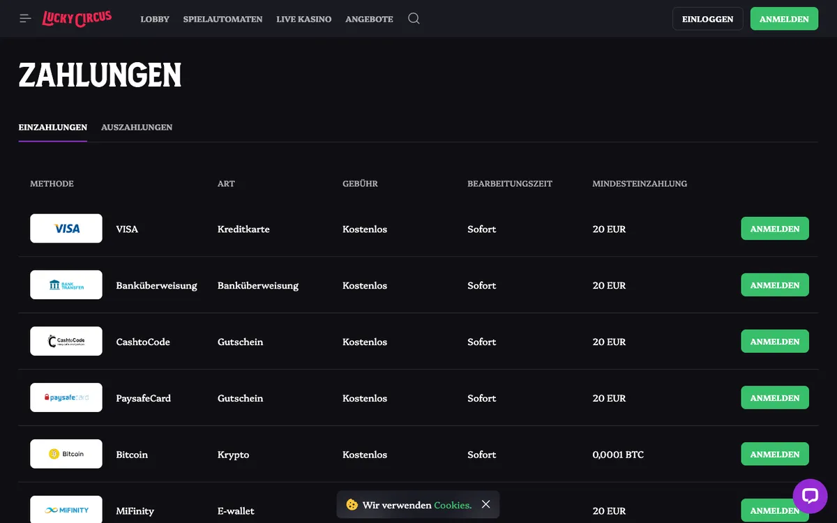 Lucky Circus Casino — Payments, captured from Germany