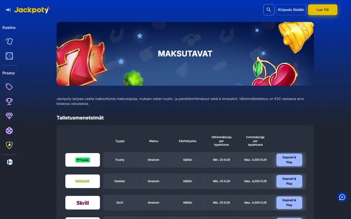 Jackpoty Casino — Payments, captured from Finland
