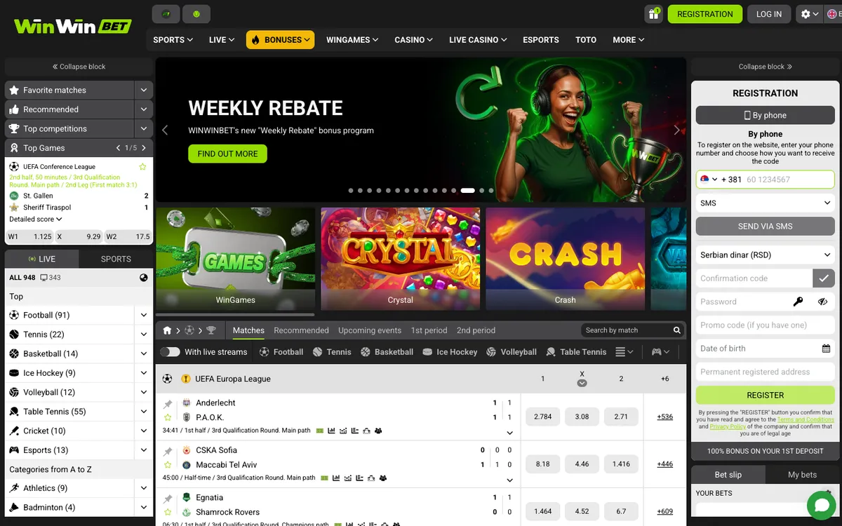 WinWinBet Casino — Home page, captured from Serbia