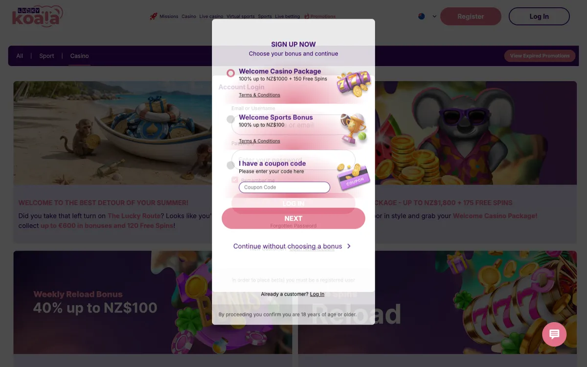 Lucky Koala Casino — Sign-up, captured from New Zealand
