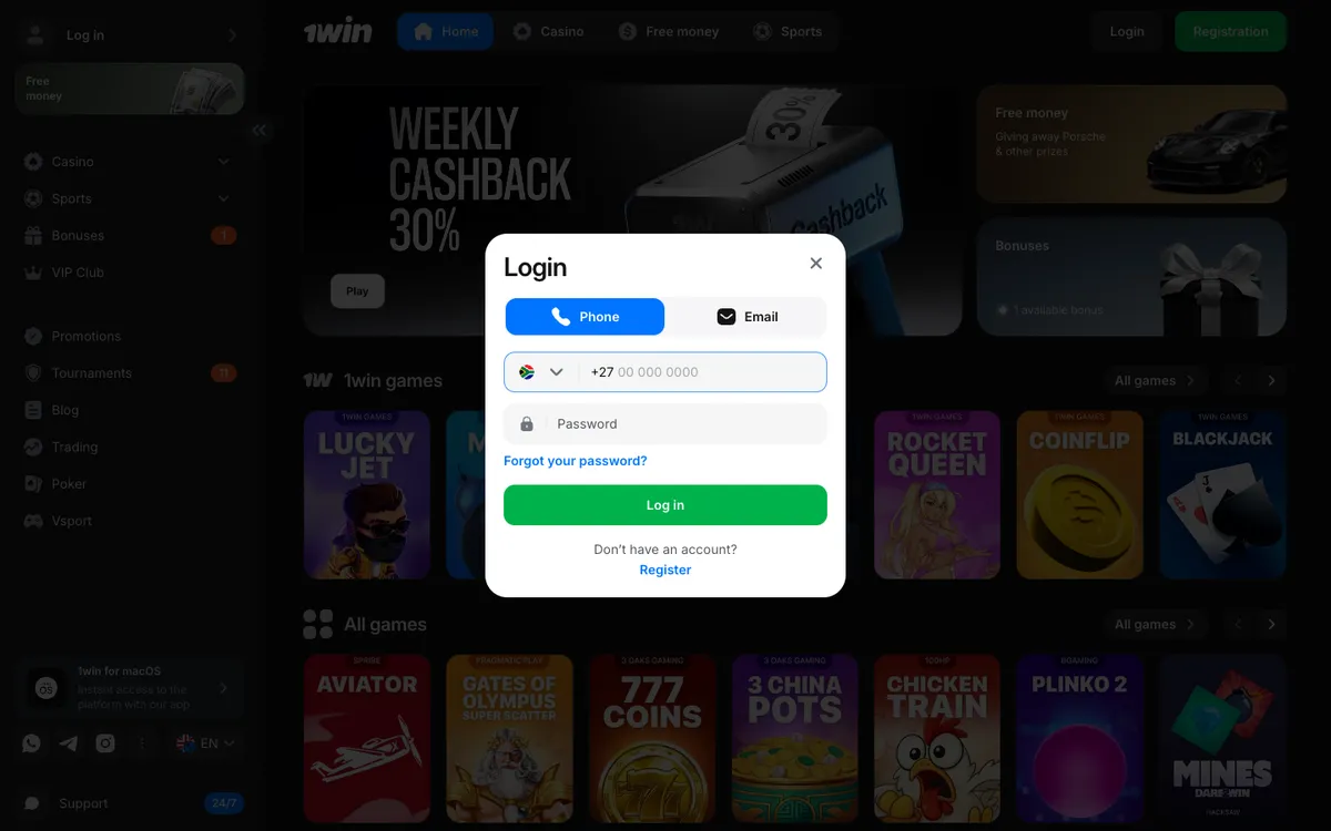 1win Casino — Sign-up, captured from South Africa