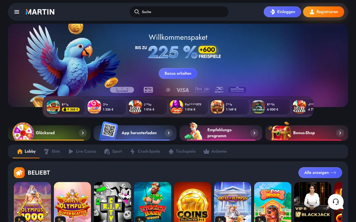 Martin Casino — Home page, captured from Germany