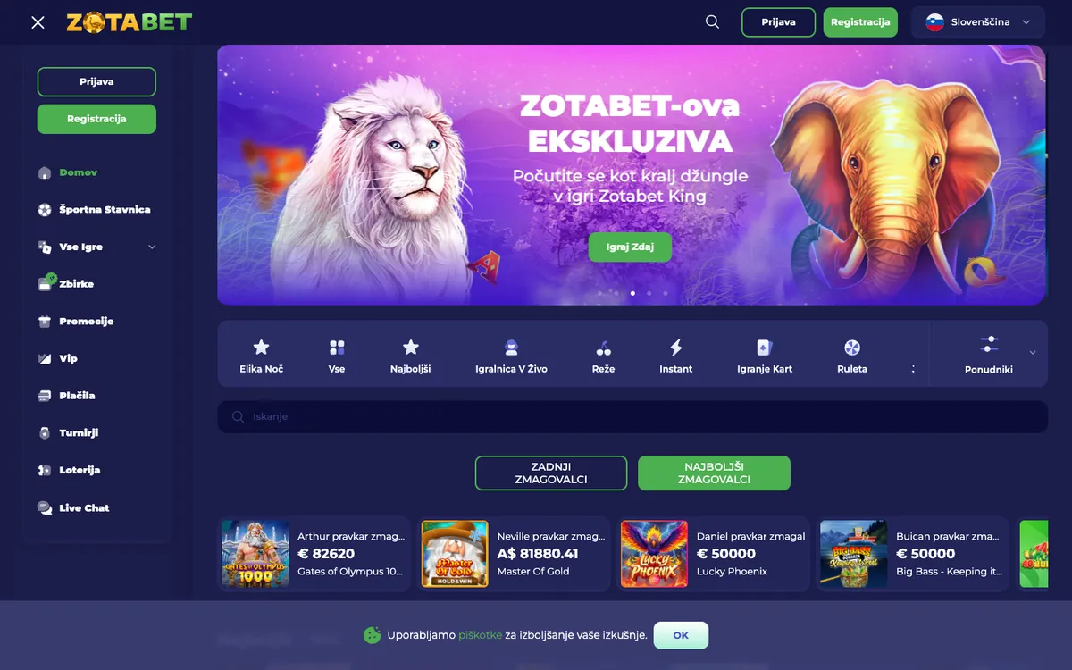 Zotabet Casino — Home page, captured from Slovenia