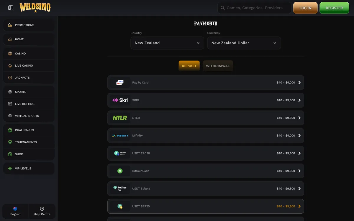 Wildsino Casino — Payments, captured from New Zealand