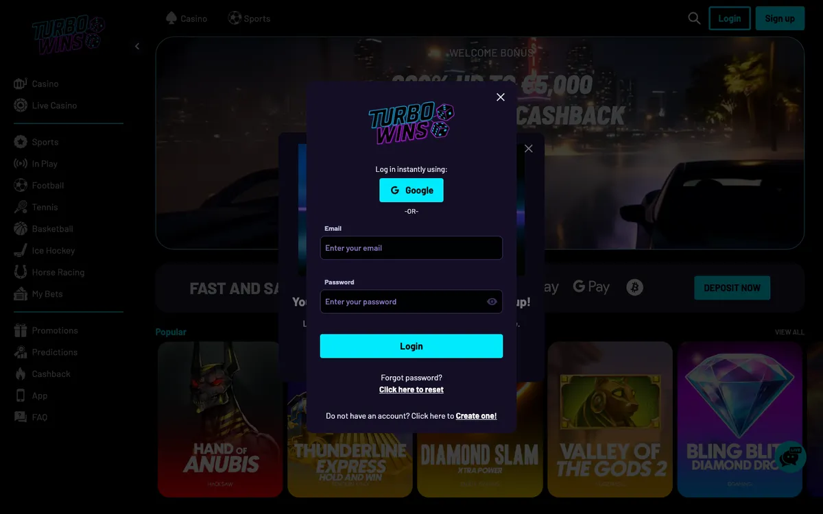 Turbo Wins Casino — Sign-up, captured from Spain