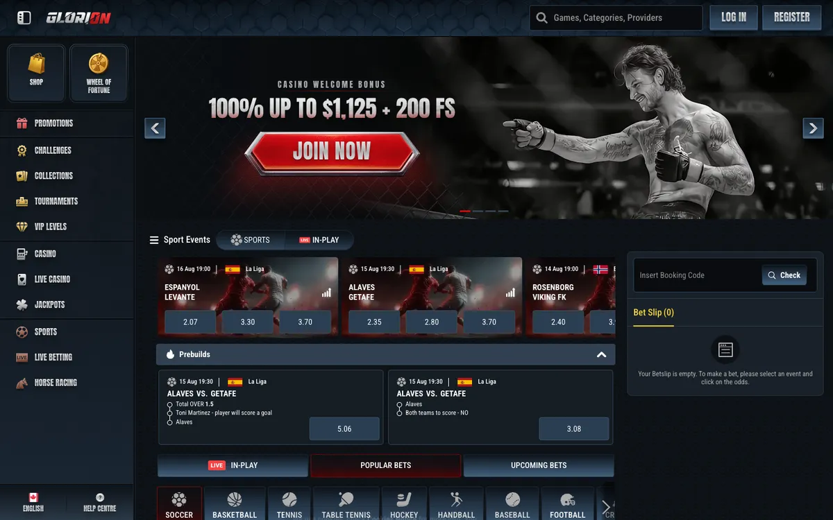 Glorion Casino — Home page, captured from Canada