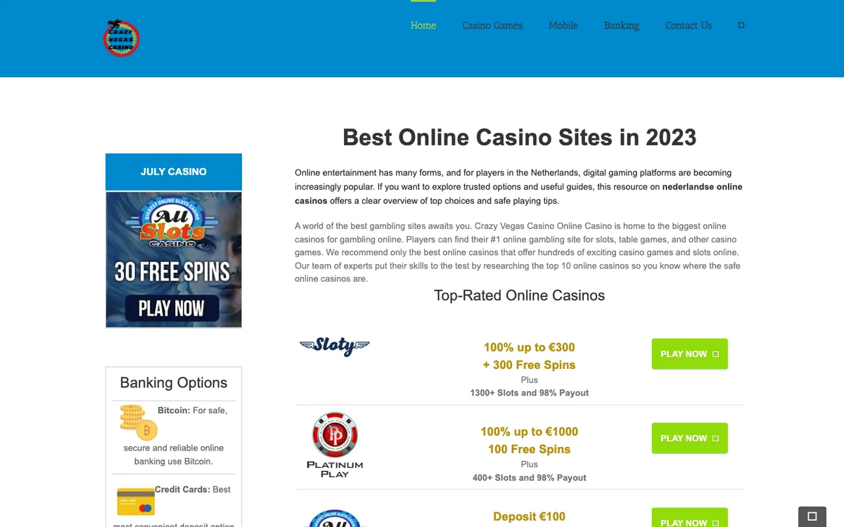 Crazy Vegas Casino — Home page, captured from Switzerland
