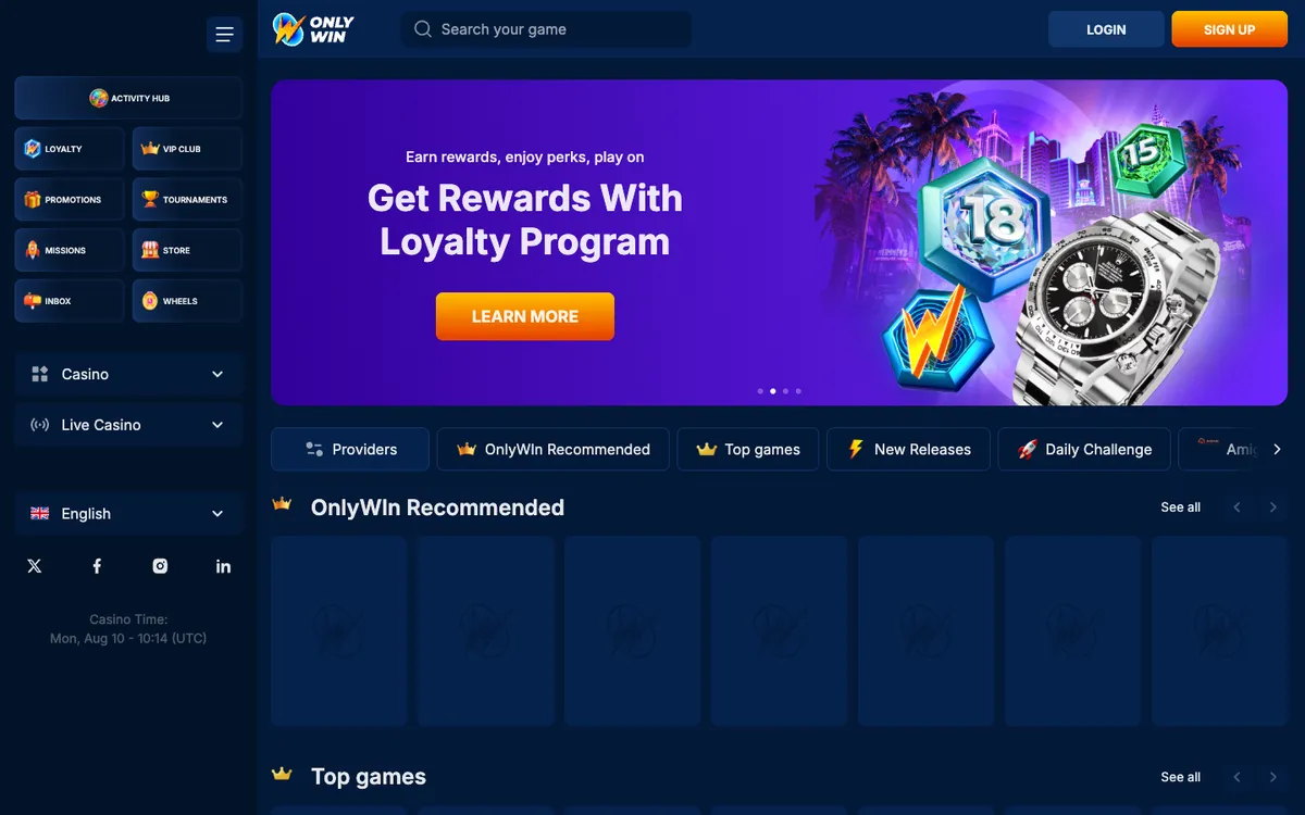 OnlyWin Casino — Home page, captured from Belgium